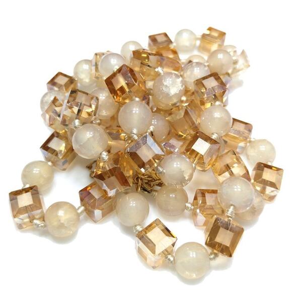 Square Crystal Light Topaz Crackle Glass Beaded Long Necklace, 40" Hand-knotted - Picture 7 of 10